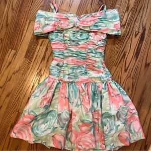 Vtg 80s VICTOR COSTA Floral Taffeta Party Dress Drop Waist Ruffle Prom Gown Puff